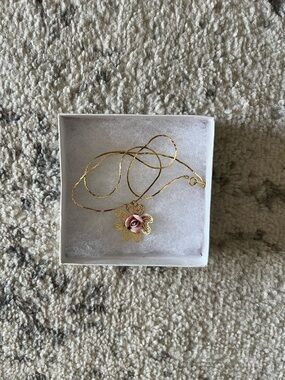 Gold Pendant Necklace with Pink Rose Accent